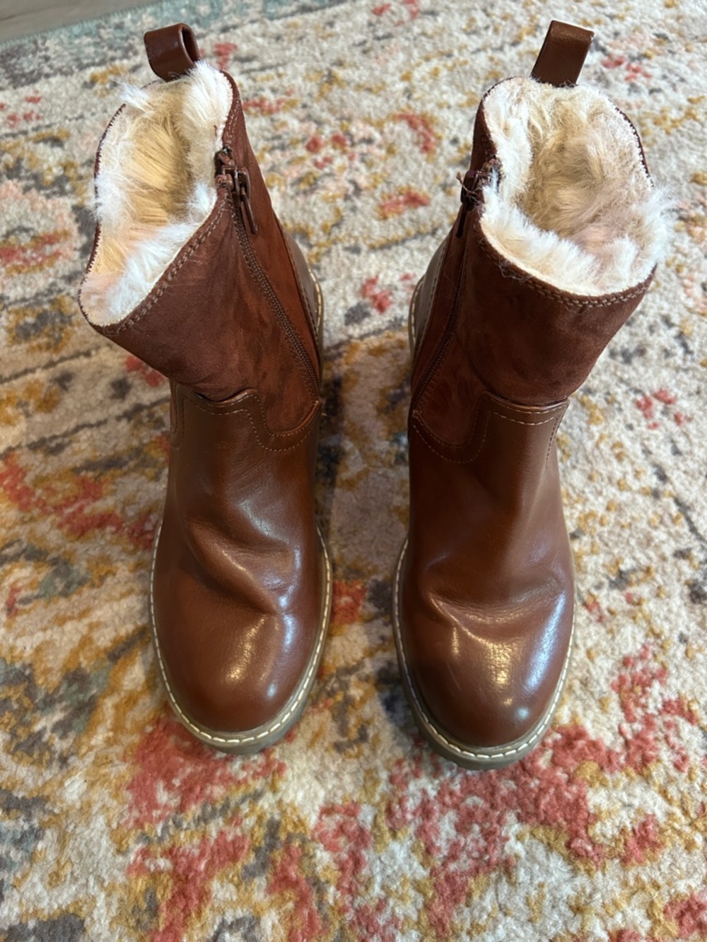 Women's Brown Suede & Leather Faux Fur Block Heel Ankle Booties - Picture 2 of 2